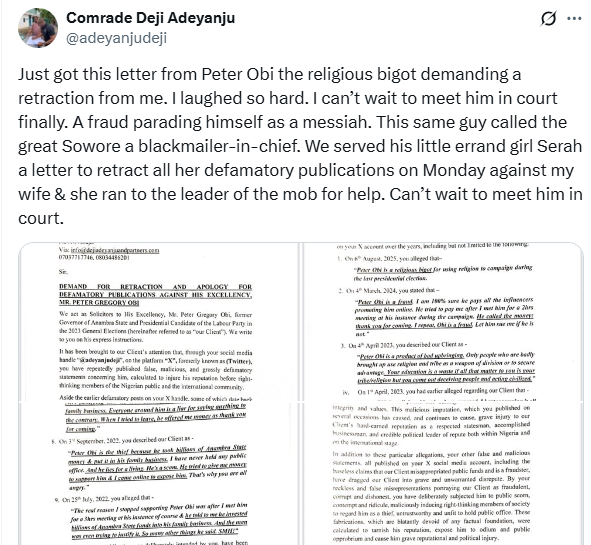 Peter Obi Threatens Legal Action Over Alleged Defamation by Deji Adeyanju